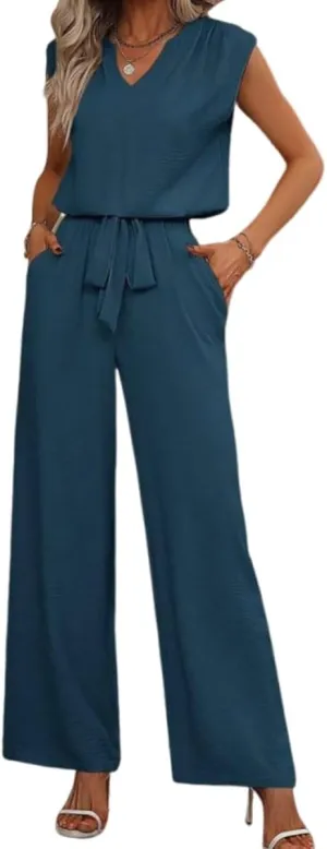 Women's 2 Piece Summer Outfits Sleeveless Crop Top Wide Leg Pants with Pockets Matching Lounge Sets