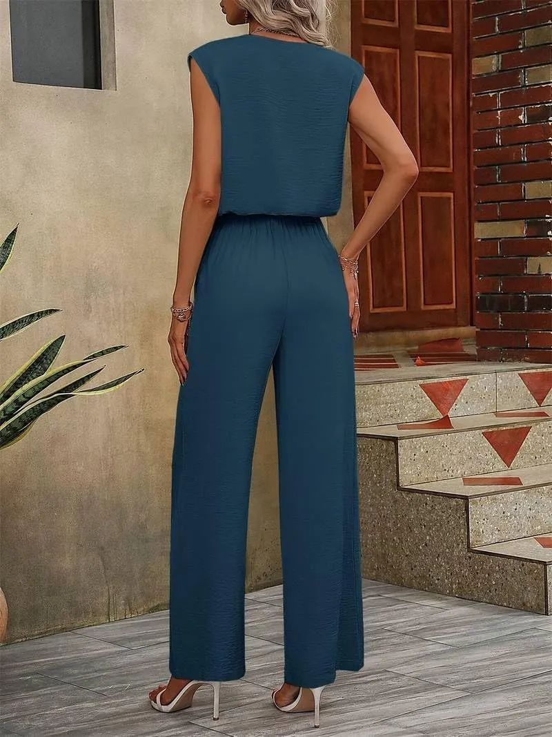 Women's 2 Piece Summer Outfits Sleeveless Crop Top Wide Leg Pants with Pockets Matching Lounge Sets