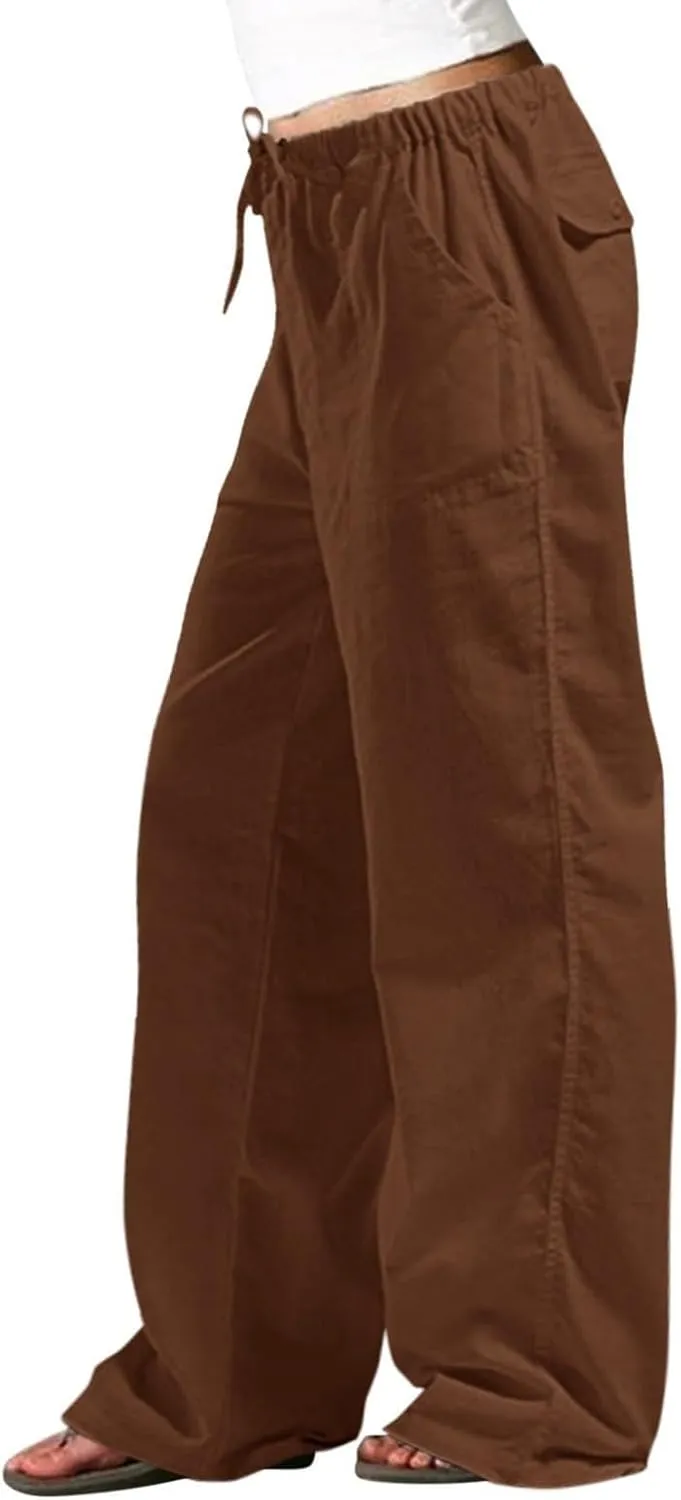 Women's Baggy Casual Cotton Linen Pants Trendy Summer Parachute Pant Loose Fit Straight Leg Trousers with Pockets