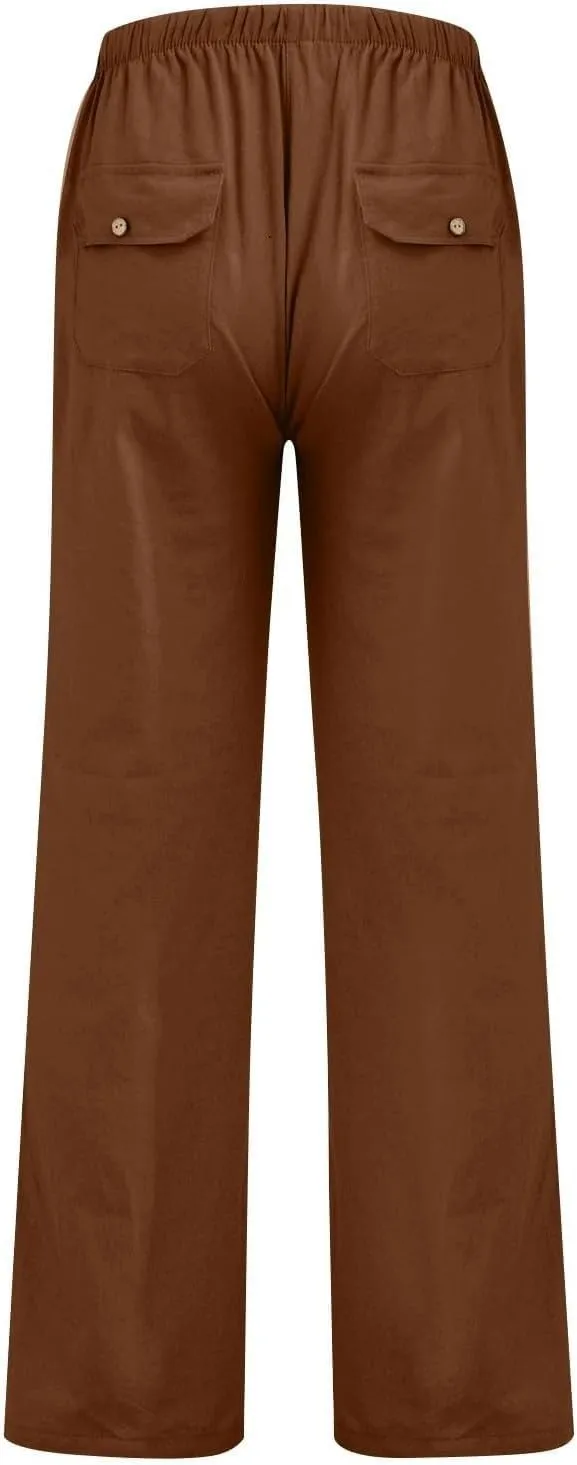 Women's Baggy Casual Cotton Linen Pants Trendy Summer Parachute Pant Loose Fit Straight Leg Trousers with Pockets