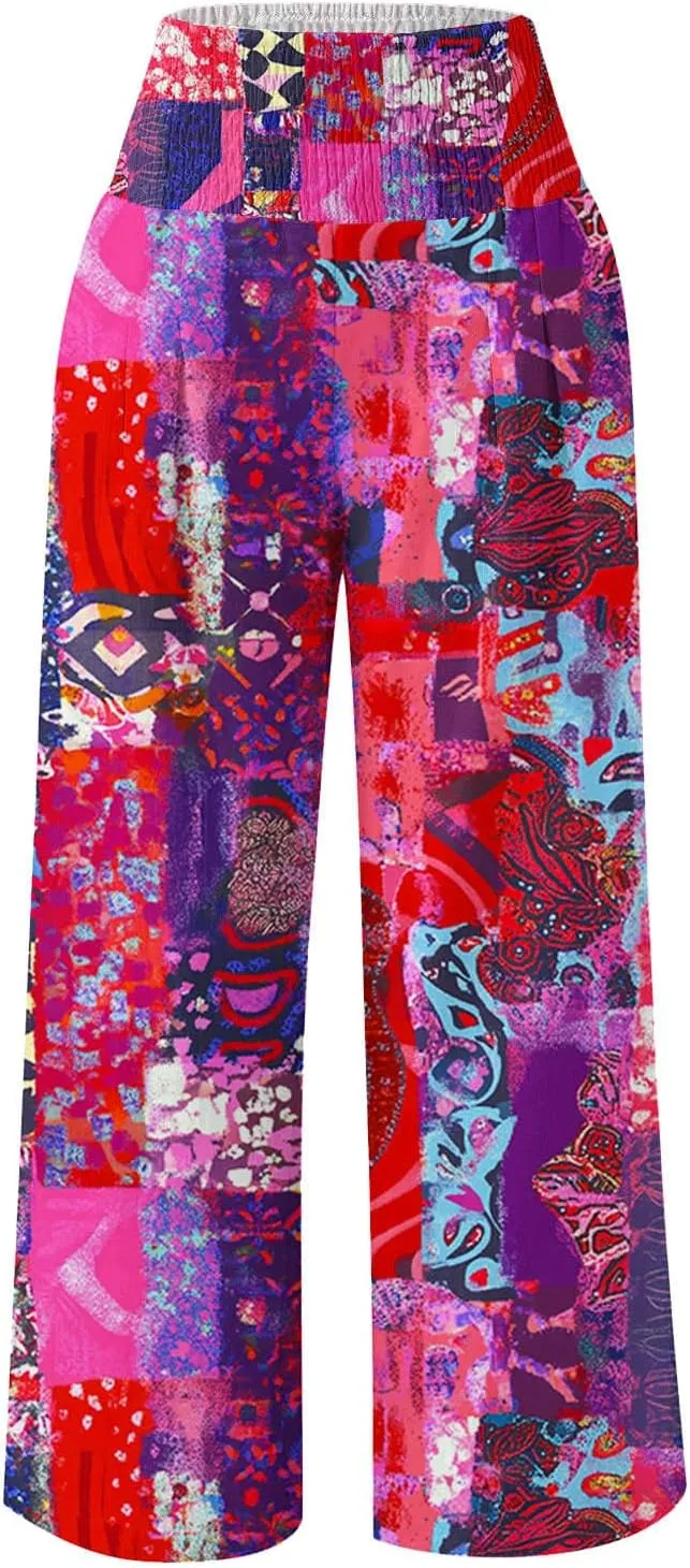 Womens Bohemian Wide Leg Pants Smocked High Waist Flowy Beach Trousers 2025 Summer Casual Boho Loose Palazzo Pants