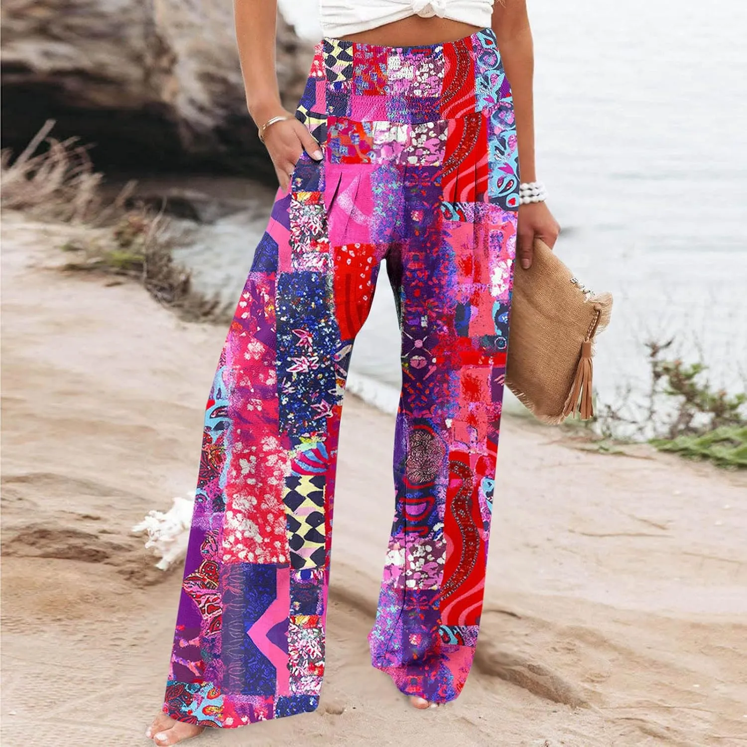 Womens Bohemian Wide Leg Pants Smocked High Waist Flowy Beach Trousers 2025 Summer Casual Boho Loose Palazzo Pants