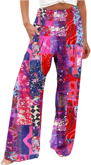 Womens Bohemian Wide Leg Pants Smocked High Waist Flowy Beach Trousers 2025 Summer Casual Boho Loose Palazzo Pants