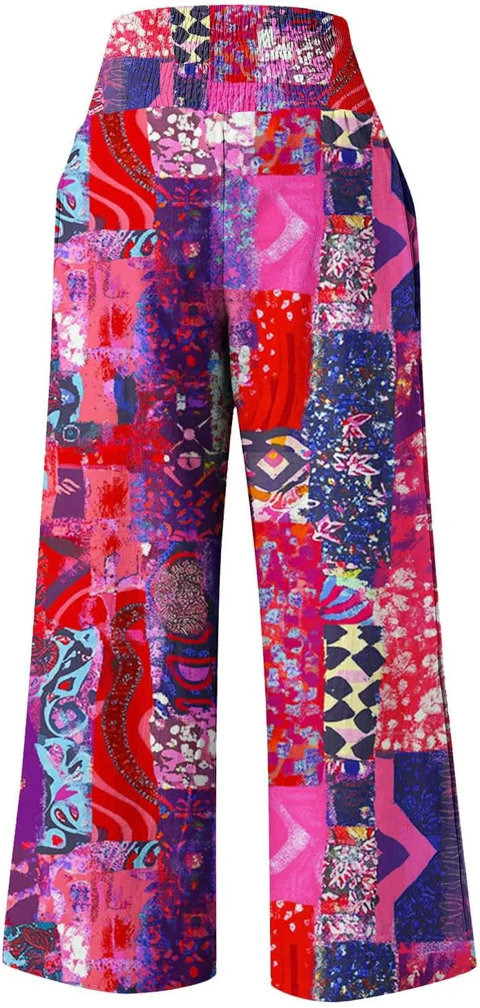 Womens Bohemian Wide Leg Pants Smocked High Waist Flowy Beach Trousers 2025 Summer Casual Boho Loose Palazzo Pants