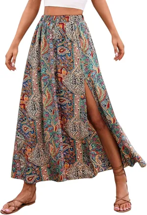 Women's Boho Skirts Paisley Print Bohemian Skirts Vintage Shirred High Waisted Ruffle Swing Long Maxi Flared Skirts