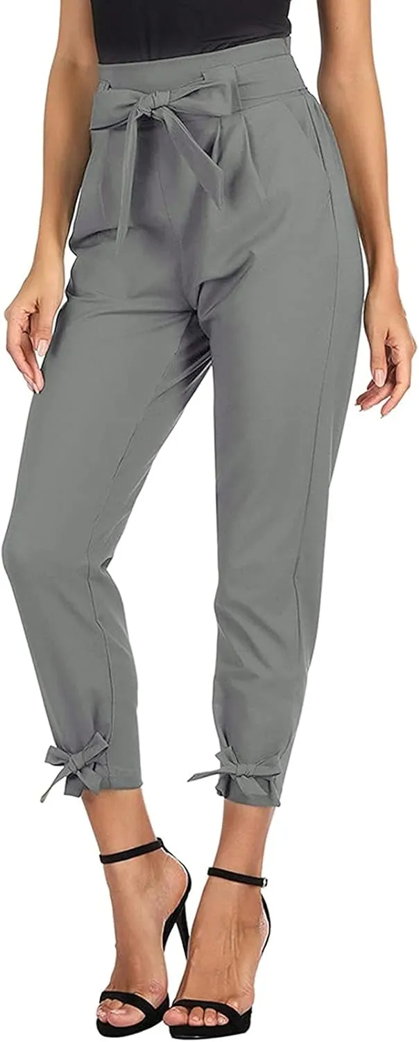 Womens Business Casual Pants High Waist Pencil Pants Bow-Knot Drawstring Office Work Ankle Trousers with Pockets