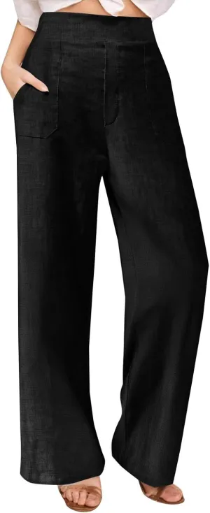 Womens Casual Linen High Waist Wide Leg Pants Summer Palazzo Flowy Boho Beach Vacation Lounge Trousers with Pockets