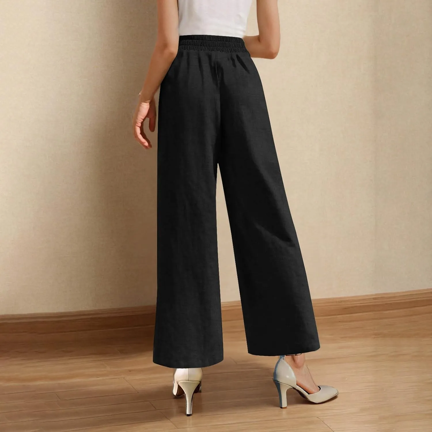 Womens Casual Linen High Waist Wide Leg Pants Summer Palazzo Flowy Boho Beach Vacation Lounge Trousers with Pockets