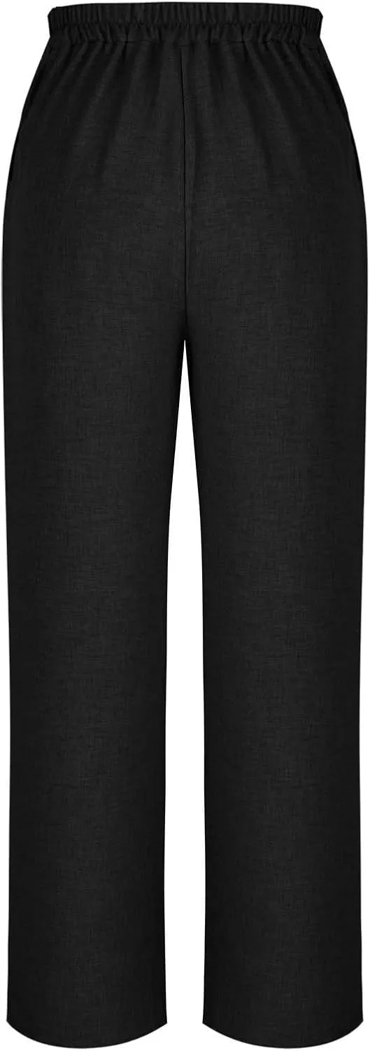 Womens Casual Linen High Waist Wide Leg Pants Summer Palazzo Flowy Boho Beach Vacation Lounge Trousers with Pockets