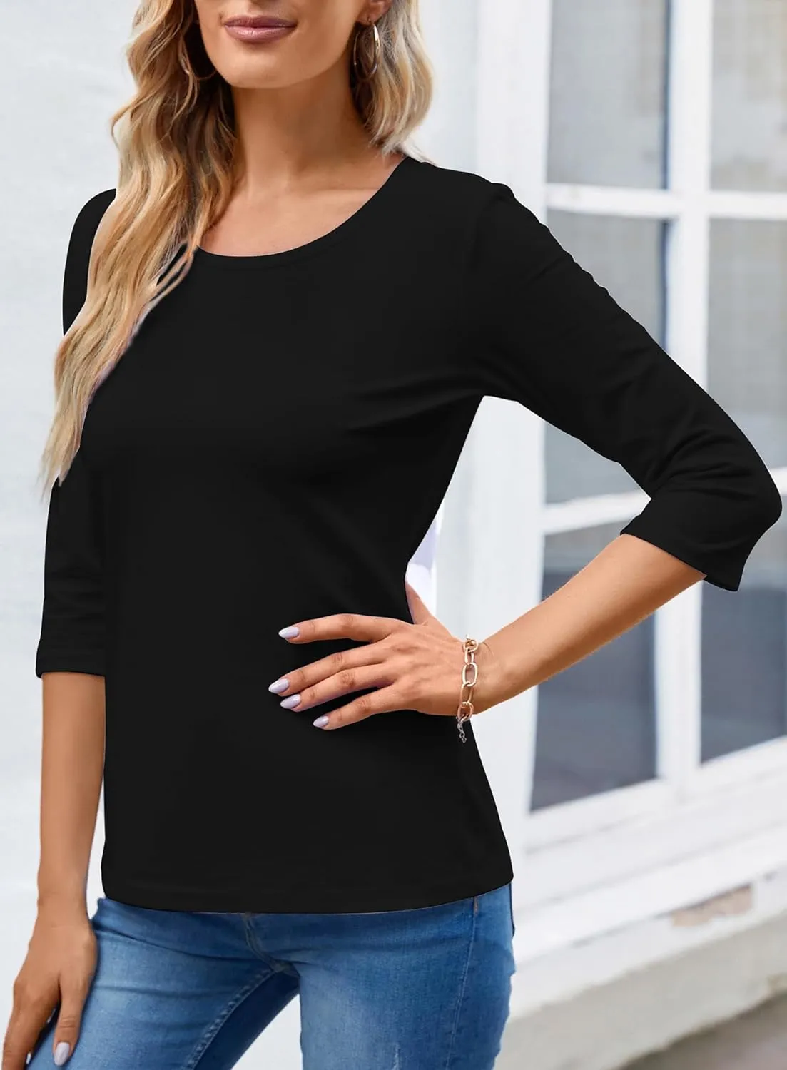 Women's Casual Round Neck 3/4 Sleeve Basic T Shirt Solid Plain Cotton Tops