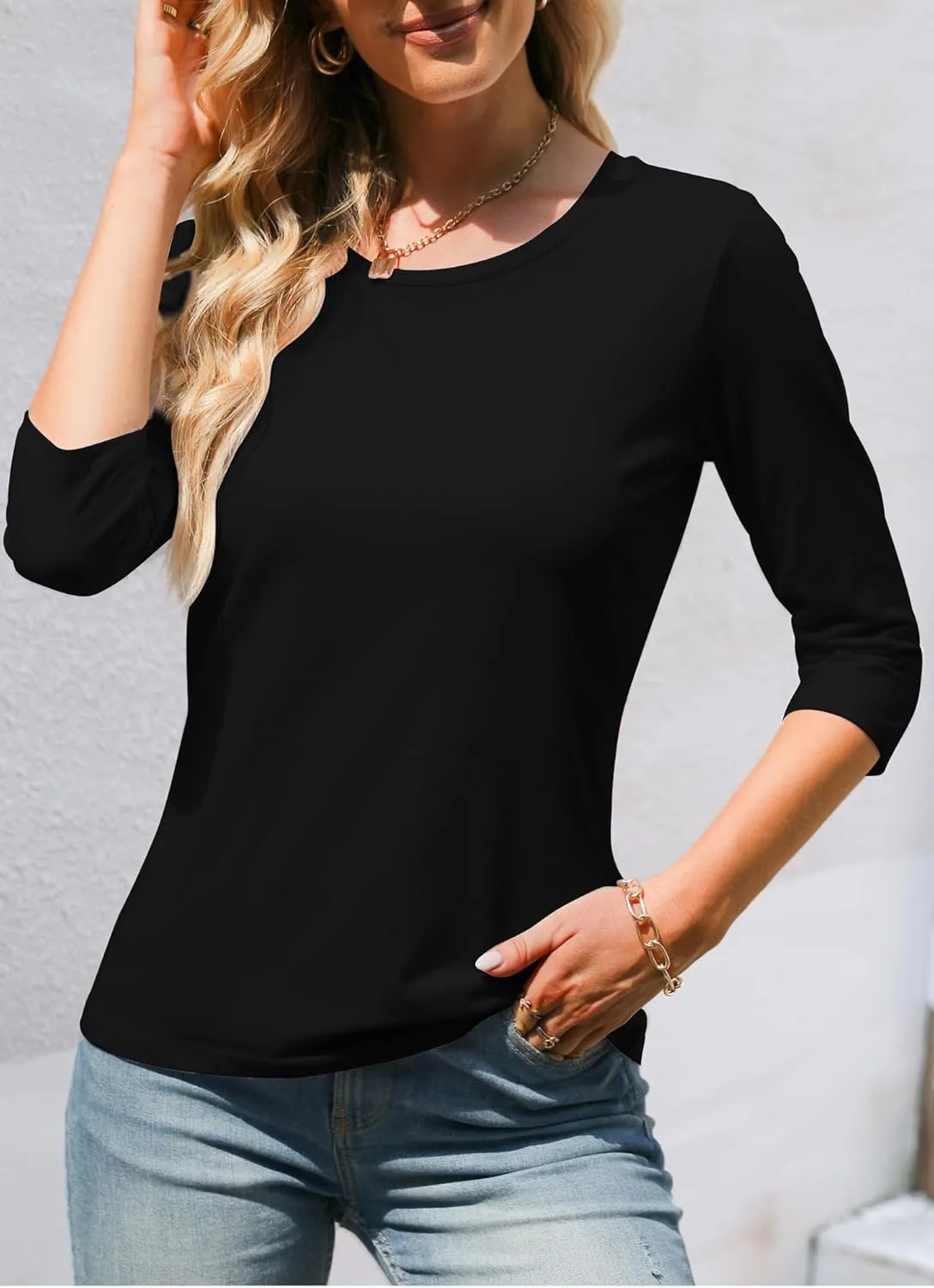 Women's Casual Round Neck 3/4 Sleeve Basic T Shirt Solid Plain Cotton Tops