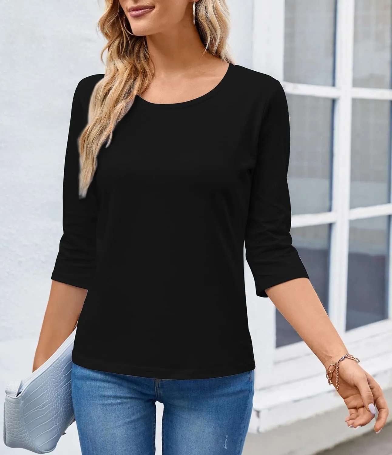 Women's Casual Round Neck 3/4 Sleeve Basic T Shirt Solid Plain Cotton Tops
