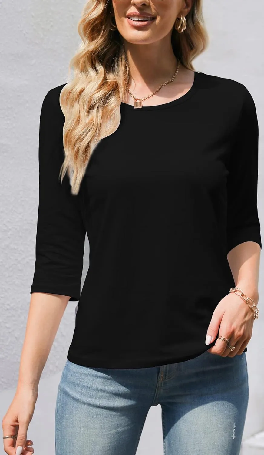 Women's Casual Round Neck 3/4 Sleeve Basic T Shirt Solid Plain Cotton Tops