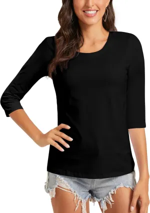 Women's Casual Round Neck 3/4 Sleeve Basic T Shirt Solid Plain Cotton Tops