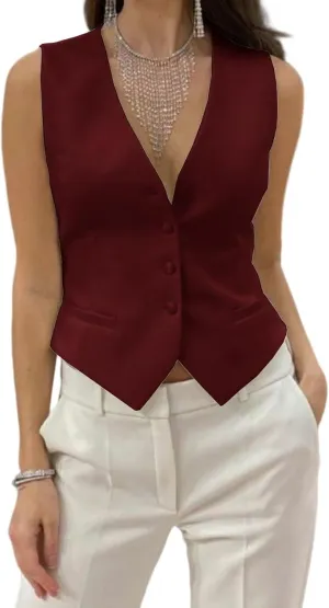 Womens Casual Suit Vest Fully Lined 4 Button V-Neck Dress Vests Waistcoat