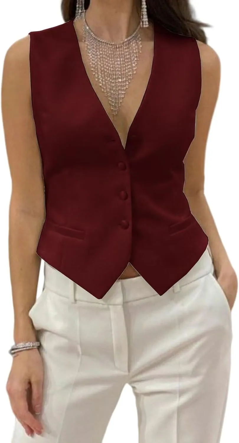 Womens Casual Suit Vest Fully Lined 4 Button V-Neck Dress Vests Waistcoat
