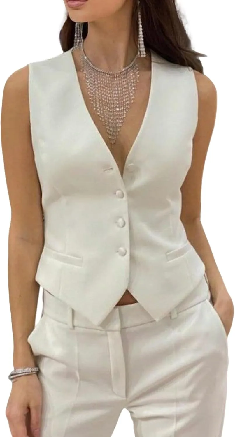 Womens Casual Suit Vest Fully Lined 4 Button V-Neck Dress Vests Waistcoat