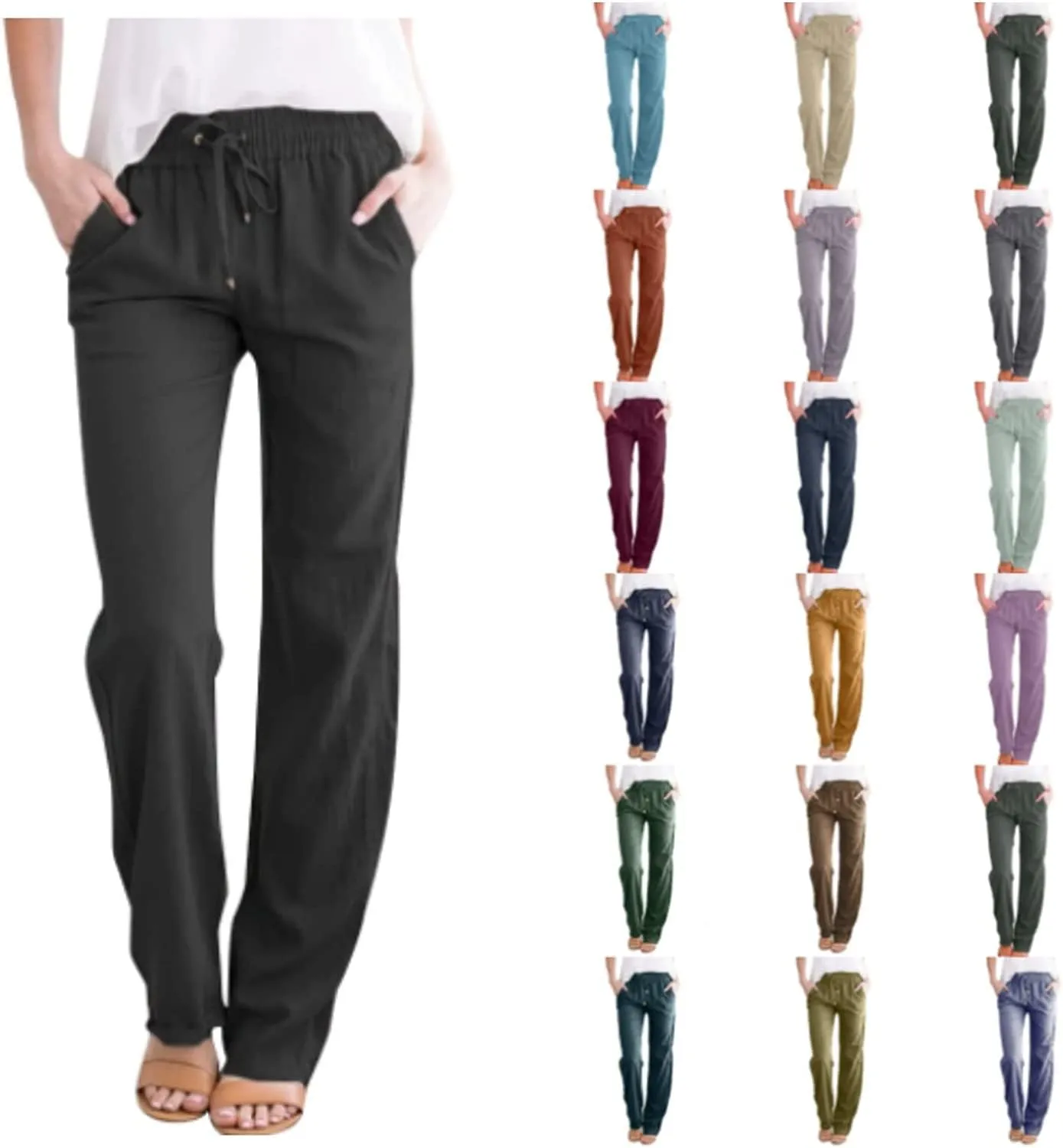 Women's Cotton Linen Pants 2025 Summer Elastic Waist Straight Leg Relax Comfy Solid Color Casual Lounge Long Trouser