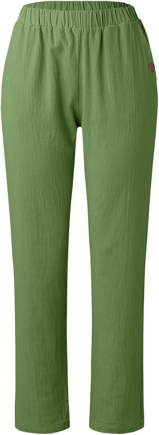 Women's Cotton Linen Summer Boho Palazzo Lounge Pants Elastic Waist Baggy Stretchy Slim Fit Trouser Vacation