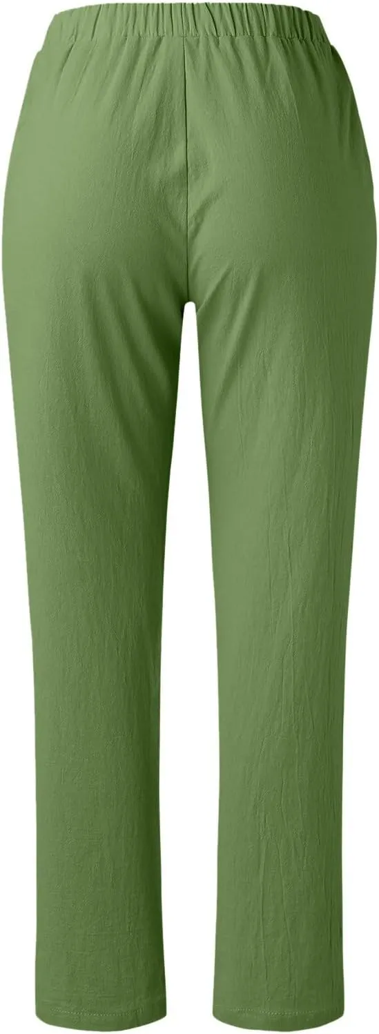 Women's Cotton Linen Summer Boho Palazzo Lounge Pants Elastic Waist Baggy Stretchy Slim Fit Trouser Vacation