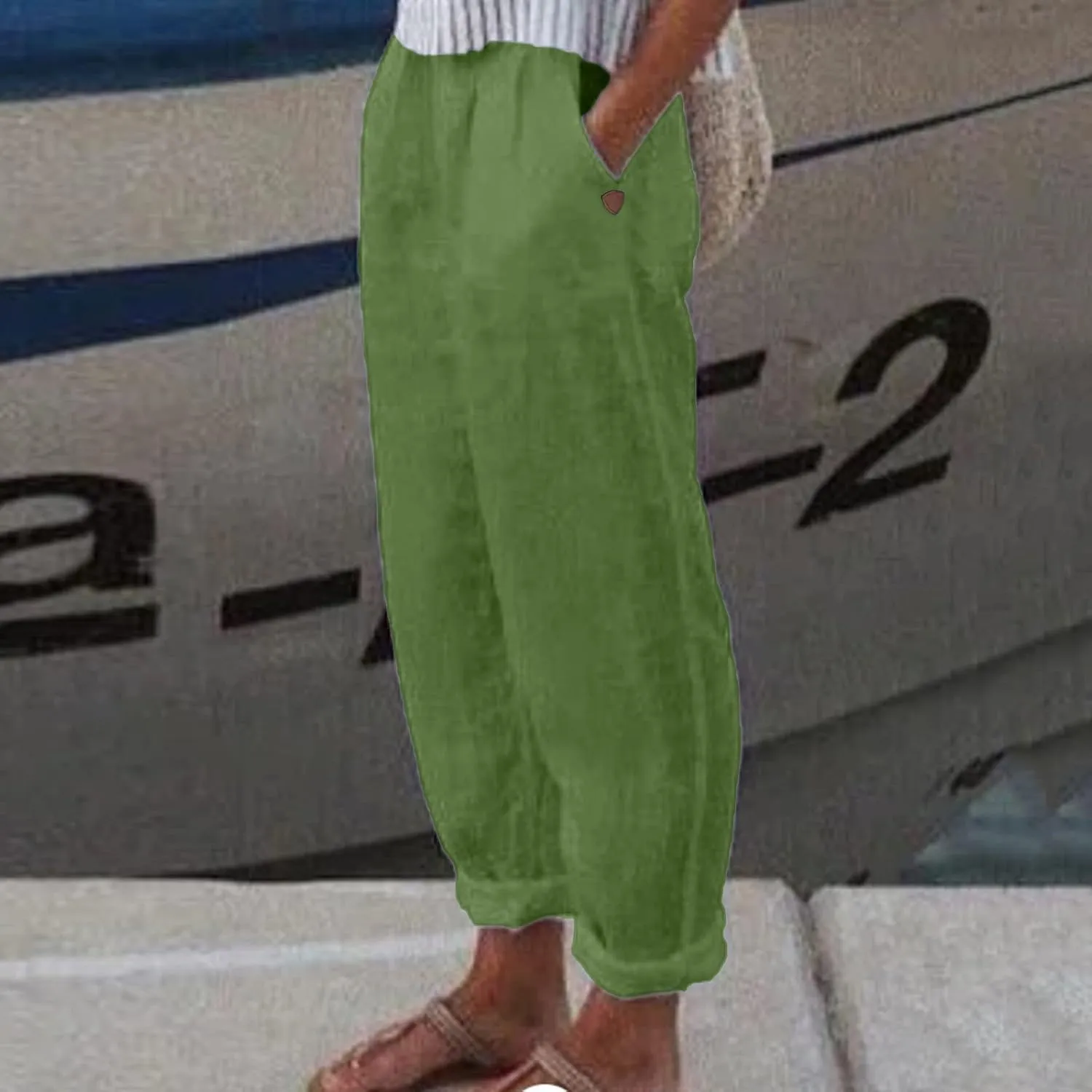 Women's Cotton Linen Summer Boho Palazzo Lounge Pants Elastic Waist Baggy Stretchy Slim Fit Trouser Vacation