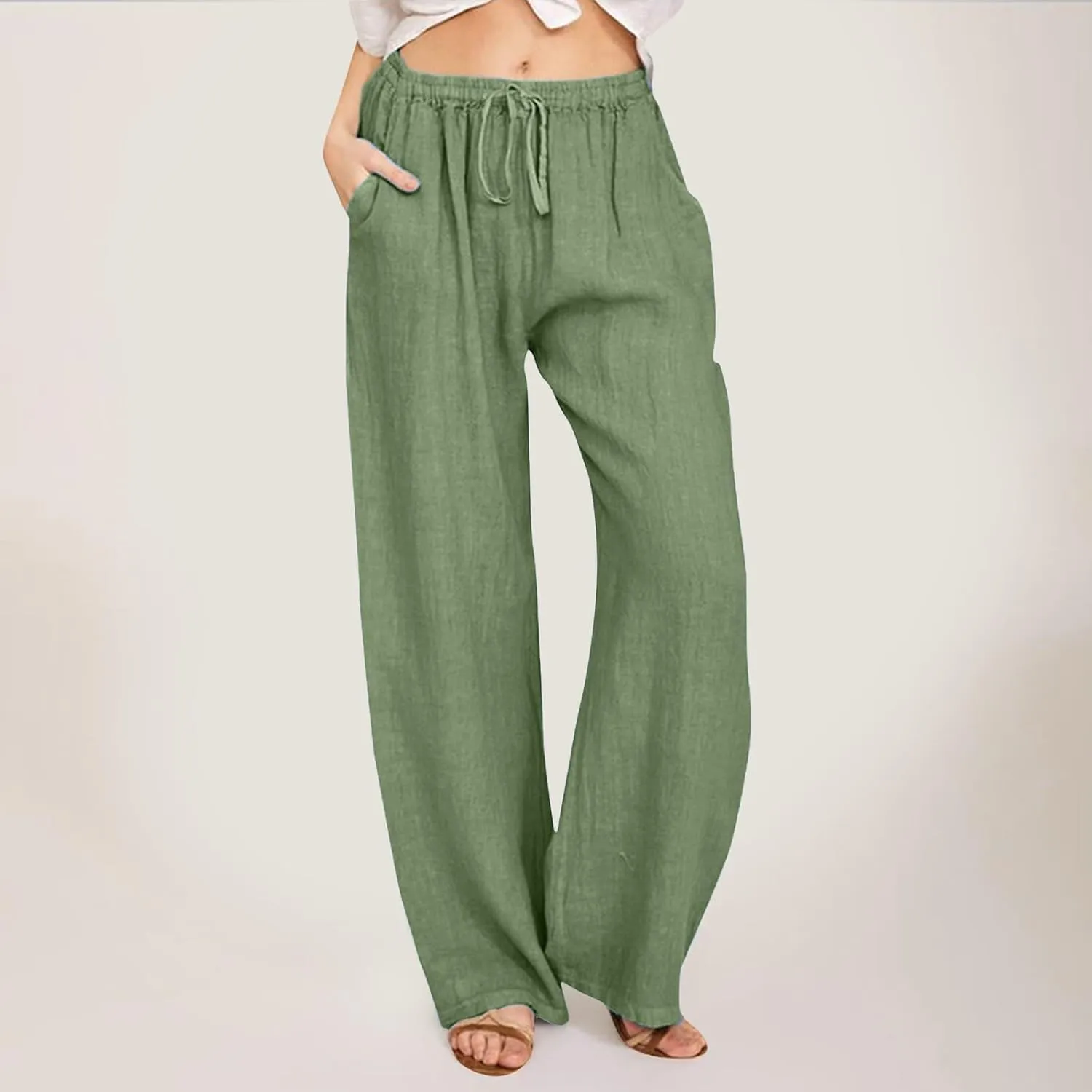 Women's Cotton Linen Summer Floral Palazzo Pants Low Waist Lounge Pants Slim-Fit Trouser Trendy