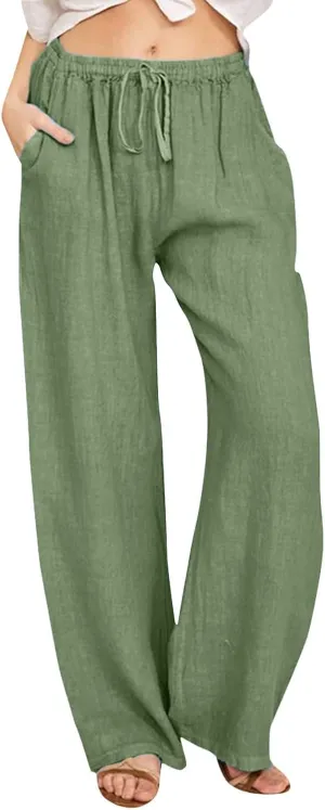 Women's Cotton Linen Summer Floral Palazzo Pants Low Waist Lounge Pants Slim-Fit Trouser Trendy