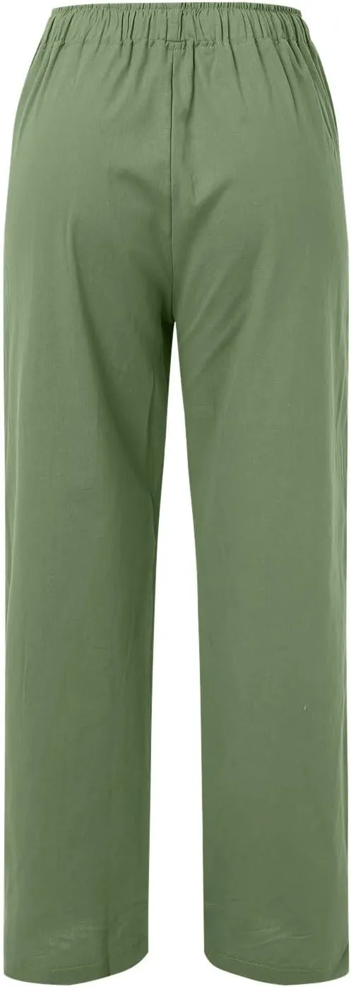 Women's Cotton Linen Summer Floral Palazzo Pants Low Waist Lounge Pants Slim-Fit Trouser Trendy