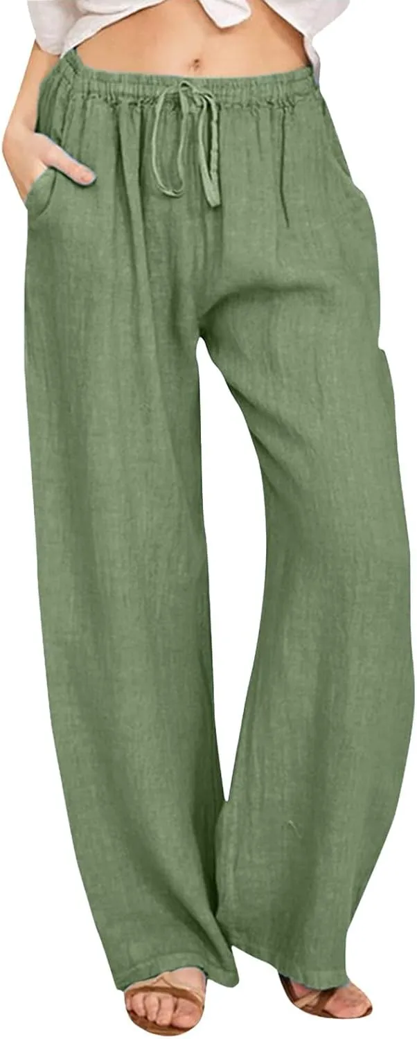 Women's Cotton Linen Summer Floral Palazzo Pants Low Waist Lounge Pants Slim-Fit Trouser Trendy