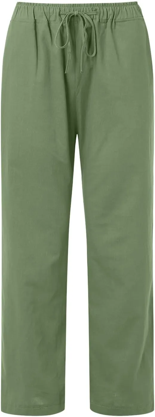 Women's Cotton Linen Summer Floral Palazzo Pants Low Waist Lounge Pants Slim-Fit Trouser Trendy