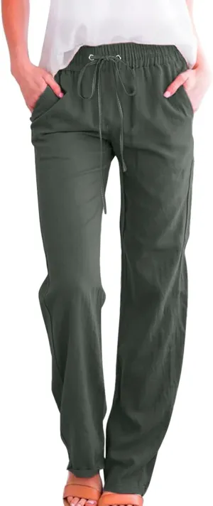 Womens Cotton Linen Summer Lightweigt Palazzo Pants High Waist Long Lounge Slim-Fit Pants Trendy