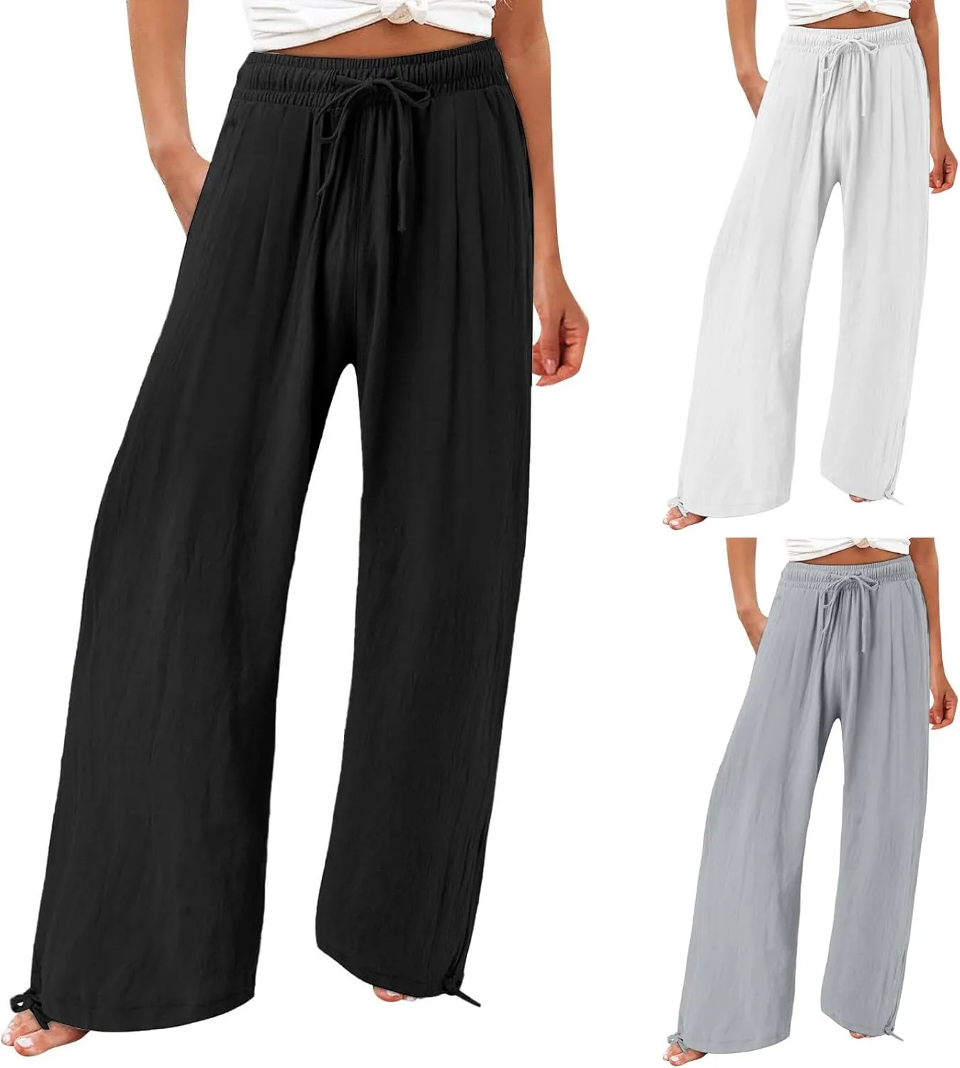 Women's Cotton Linen Summer Palazzo Pants Fashion Flowy Wide Leg Beach Trousers with Pockets Breathable Casual Pant