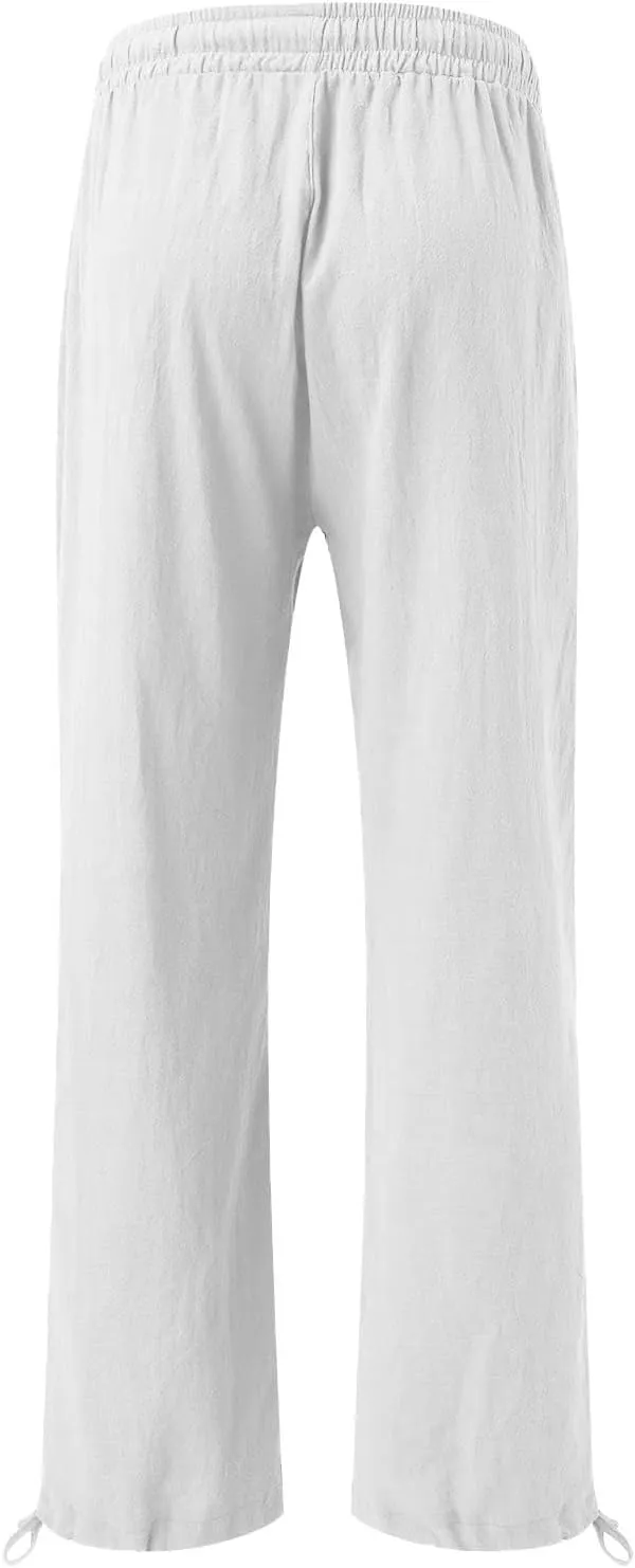 Women's Cotton Linen Summer Palazzo Pants Fashion Flowy Wide Leg Beach Trousers with Pockets Breathable Casual Pant