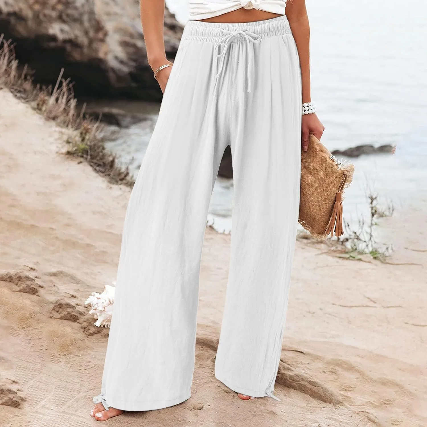 Women's Cotton Linen Summer Palazzo Pants Fashion Flowy Wide Leg Beach Trousers with Pockets Breathable Casual Pant