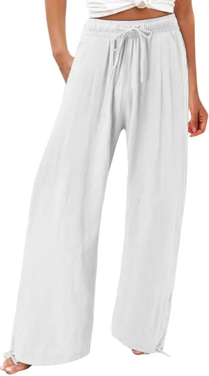 Women's Cotton Linen Summer Palazzo Pants Fashion Flowy Wide Leg Beach Trousers with Pockets Breathable Casual Pant