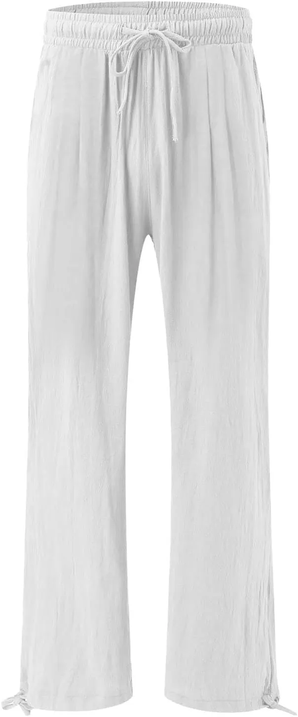 Women's Cotton Linen Summer Palazzo Pants Fashion Flowy Wide Leg Beach Trousers with Pockets Breathable Casual Pant