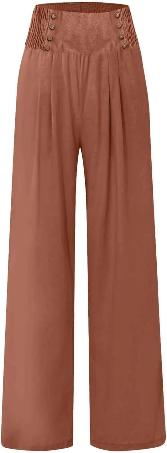 Womens Cotton Linen Summer Print Palazzo Lounge Pants Elastic Waist Lounge Pants Loose Fit Pants Work Business
