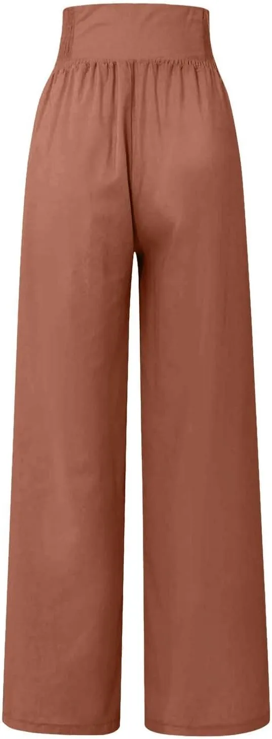 Womens Cotton Linen Summer Print Palazzo Lounge Pants Elastic Waist Lounge Pants Loose Fit Pants Work Business