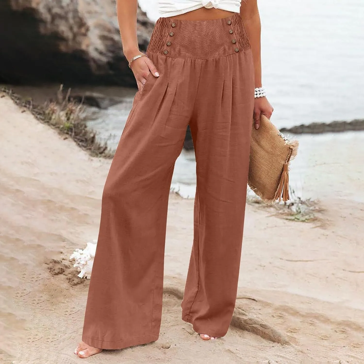 Womens Cotton Linen Summer Print Palazzo Lounge Pants Elastic Waist Lounge Pants Loose Fit Pants Work Business