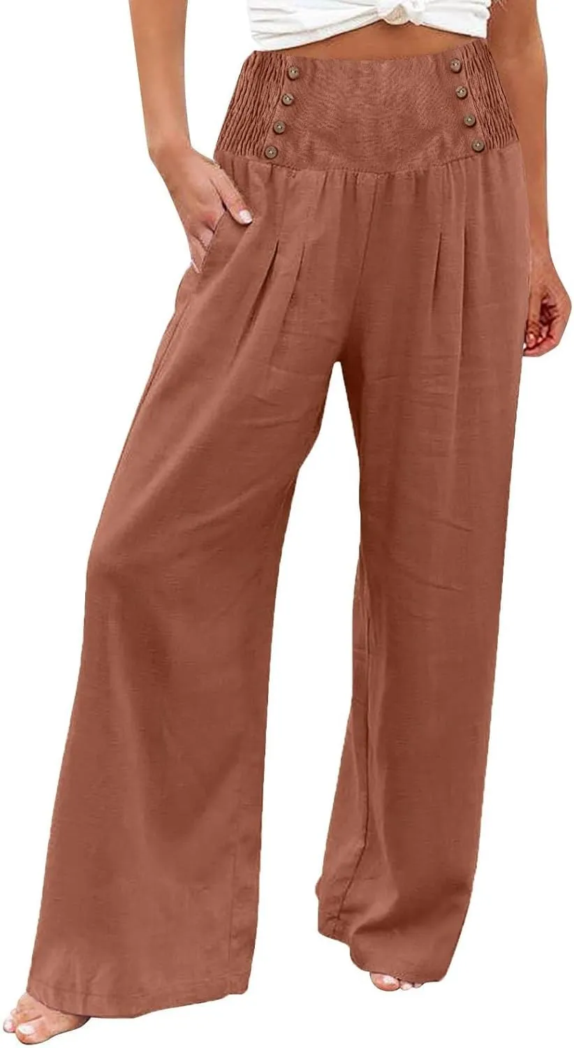 Womens Cotton Linen Summer Print Palazzo Lounge Pants Elastic Waist Lounge Pants Loose Fit Pants Work Business