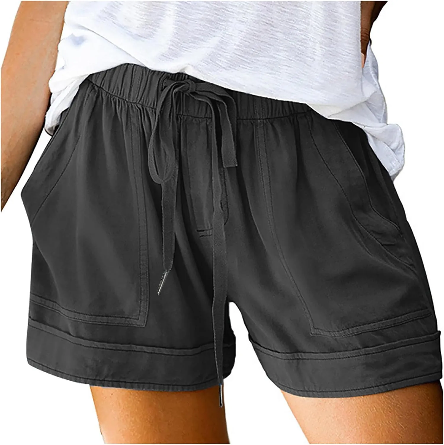 Womens Cotton Shorts 2025 Summer Plus Size Elastic Waist Drawstring Short Pants with Pockets Beach Trendy Clothes