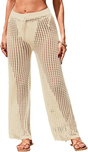 Womens Crochet Knit Elastic Waist Tie Beach Coverup Pant Summer 2025 Trendy Outfits Bathing Suit Cover Up Pants