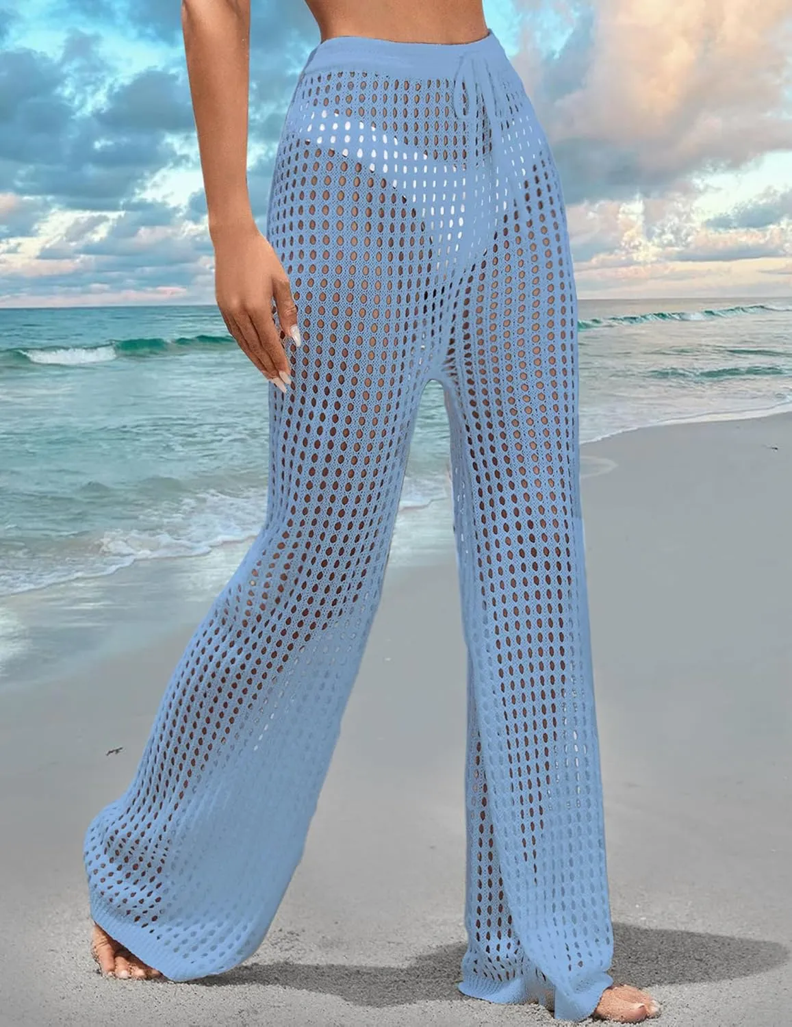 Womens Crochet Knit Elastic Waist Tie Beach Coverup Pant Summer 2025 Trendy Outfits Bathing Suit Cover Up Pants