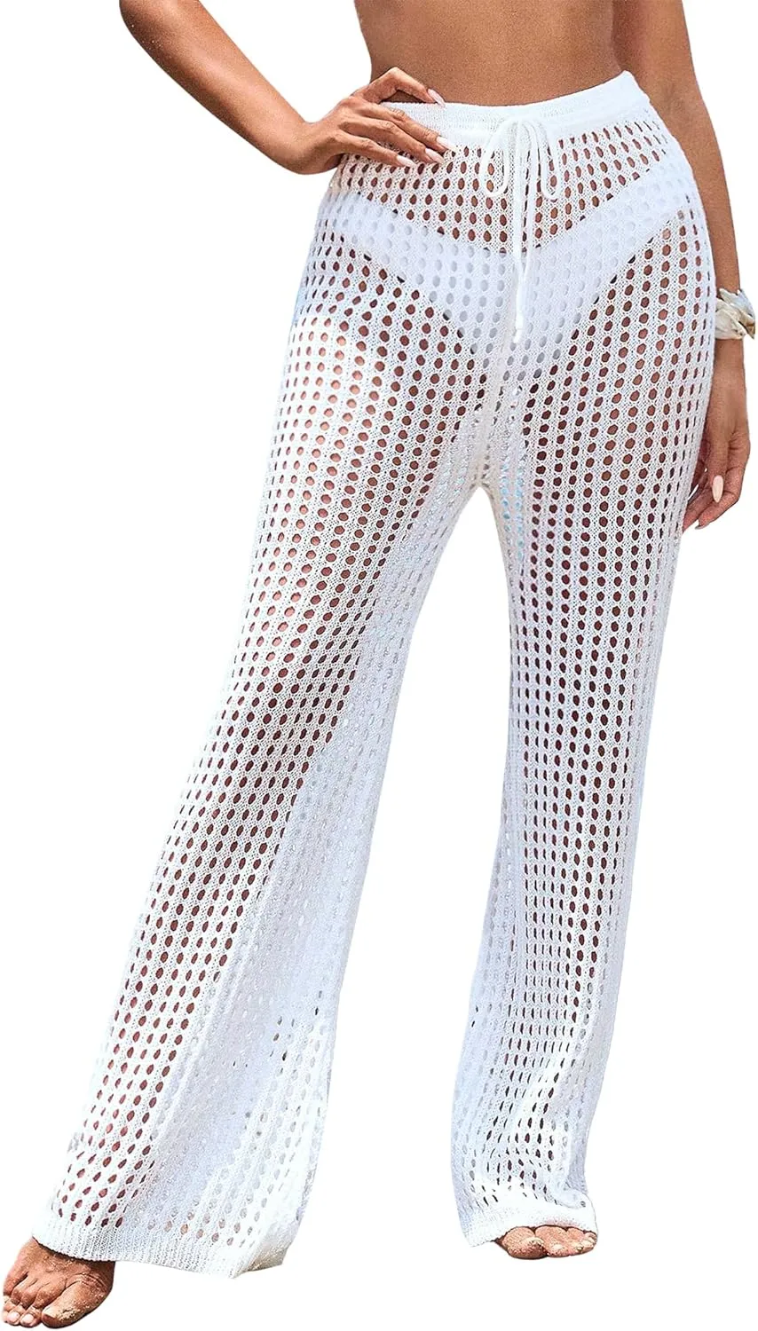 Womens Crochet Knit Elastic Waist Tie Beach Coverup Pant Summer 2025 Trendy Outfits Bathing Suit Cover Up Pants