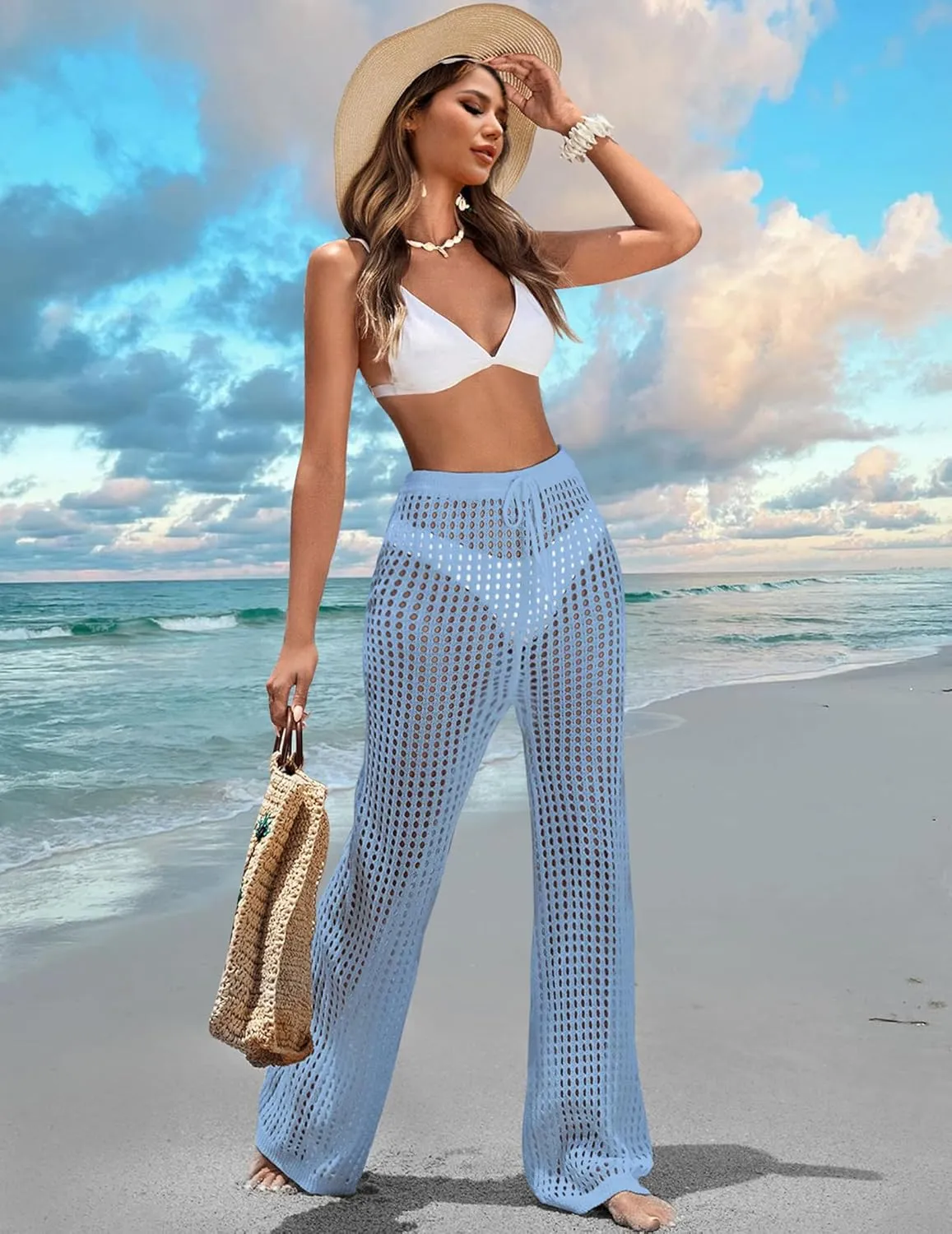 Womens Crochet Knit Elastic Waist Tie Beach Coverup Pant Summer 2025 Trendy Outfits Bathing Suit Cover Up Pants