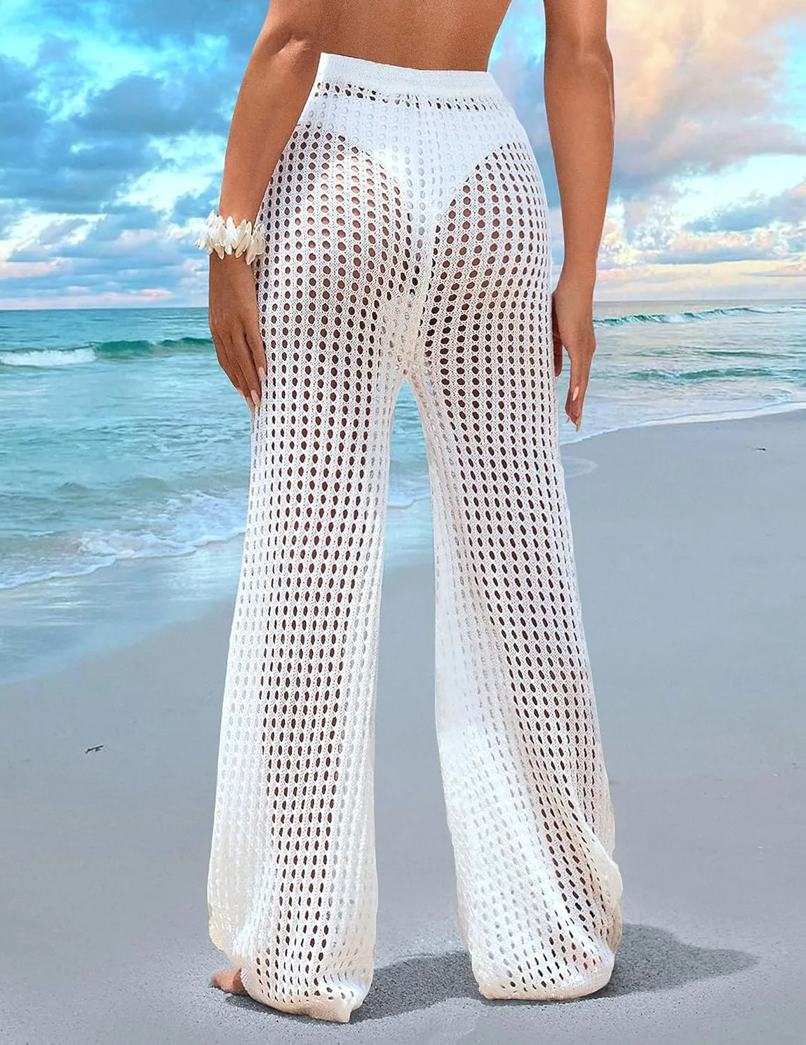 Womens Crochet Knit Elastic Waist Tie Beach Coverup Pant Summer 2025 Trendy Outfits Bathing Suit Cover Up Pants