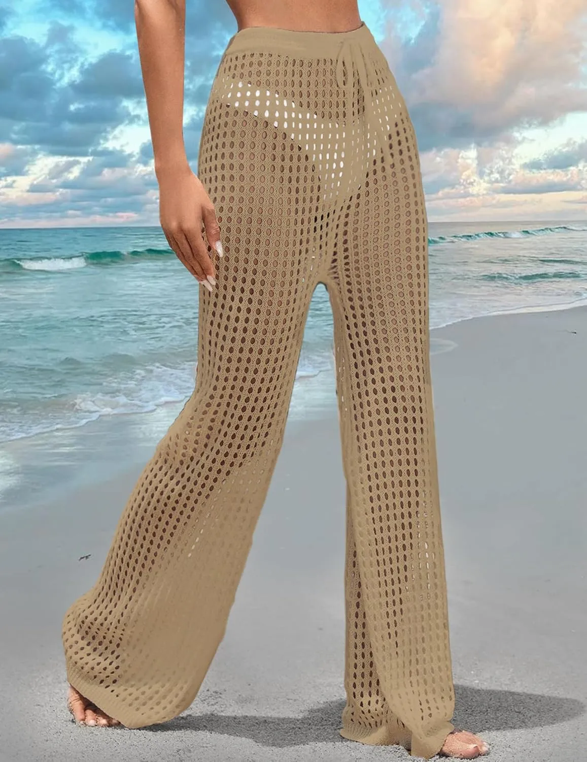Womens Crochet Knit Elastic Waist Tie Beach Coverup Pant Summer 2025 Trendy Outfits Bathing Suit Cover Up Pants