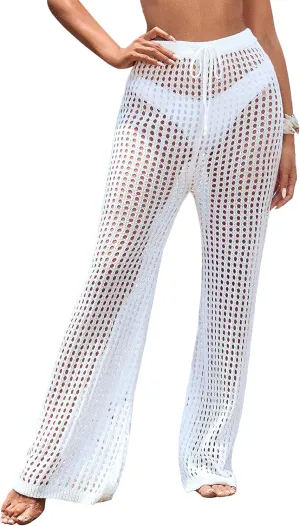 Womens Crochet Knit Elastic Waist Tie Beach Coverup Pant Summer 2025 Trendy Outfits Bathing Suit Cover Up Pants