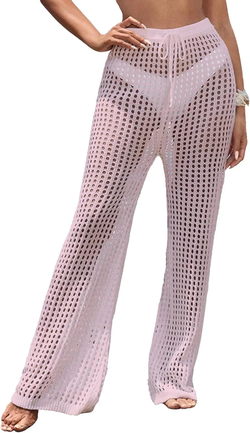 Womens Crochet Knit Elastic Waist Tie Beach Coverup Pant Summer 2025 Trendy Outfits Bathing Suit Cover Up Pants