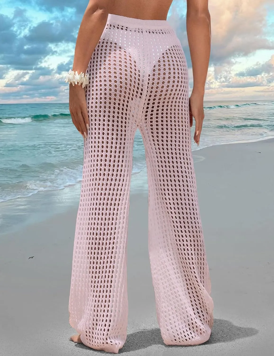 Womens Crochet Knit Elastic Waist Tie Beach Coverup Pant Summer 2025 Trendy Outfits Bathing Suit Cover Up Pants